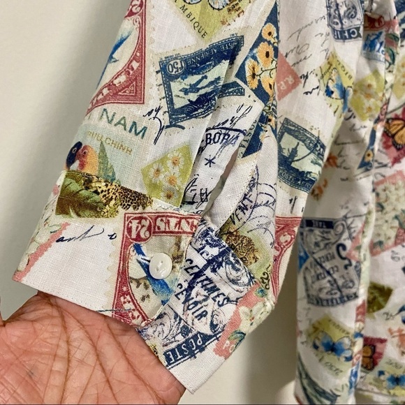 Chicos Shirt Women’s Size XL Stamp travel 100% Linen Non Iron button up Shirt - Picture 6 of 12